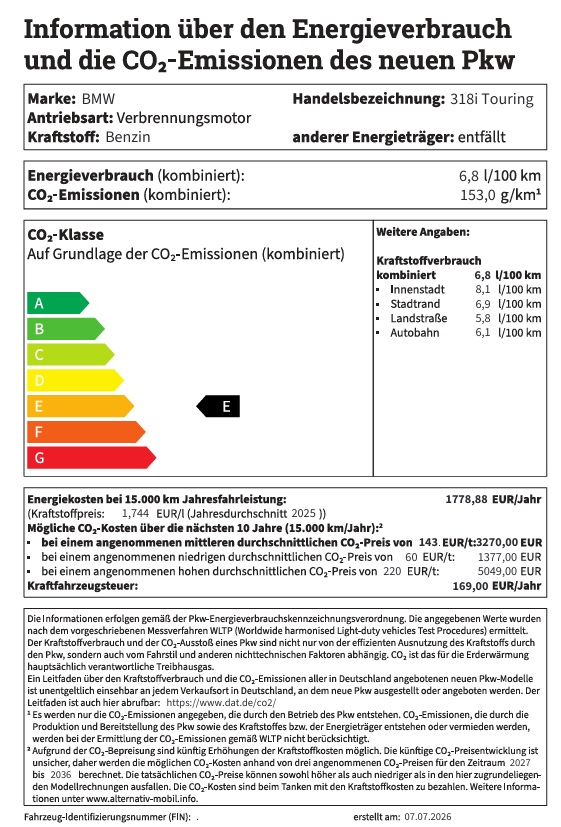 Ein Energieverbrauchs- und CO2-Emissions-Label für einen BMW 318i Touring. Es zeigt Details wie den kombinierten Verbrauch von 6,8 l/100 km, CO2-Emissionen von 153,0 g/km und die Effizienzklasse E auf der Skala.