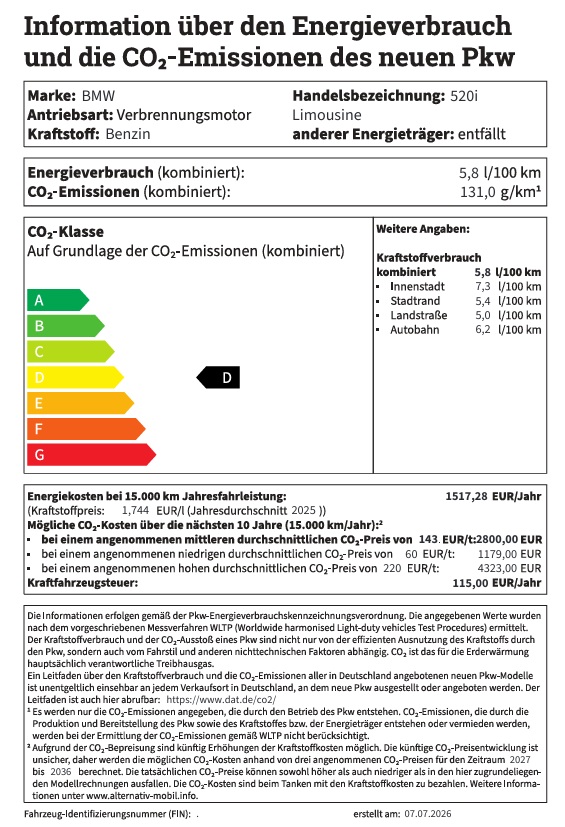 BMW 520i Limousine Energielabel mit den entsprechenden Kraftstoffwerten 