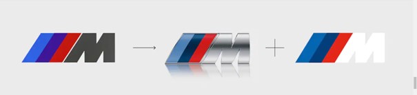 BMW M Logo Eine grafische Darstellung der Entwicklung des BMW M Logos. Links ist das klassische M-Logo mit den blauen, dunkelblauen und roten Streifen vor einem dunklen M zu sehen. Ein Pfeil zeigt zur Mitte, wo eine glänzende, dreidimensionale Version des Logos mit dem M in Silber dargestellt ist. Ein Pluszeichen führt zum rechten Bild, das eine vereinfachte, flache Version des Logos mit den Streifen vor einem weißen M zeigt.