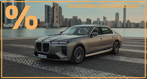 Werbebanner für ein Gewerbekundenangebot mit einem grauen BMW i7 vor einer Skyline im Hintergrund und einem großen Prozentzeichen.