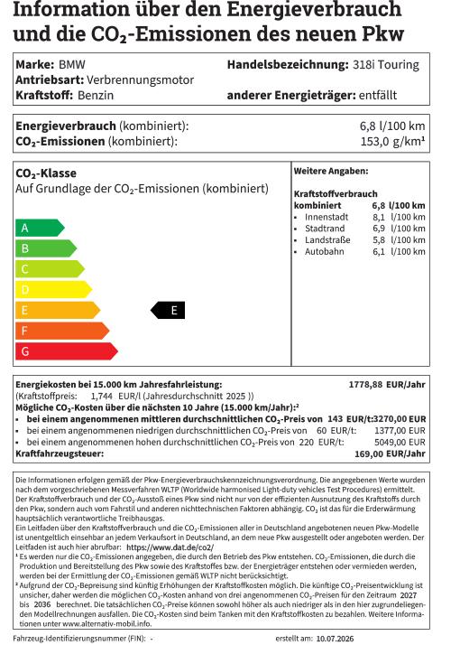 BMW 318i Touring Energielabel mit den entsprechenden Kraftstoffwerten des Fahrzeuges 