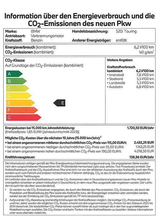 BMW 520i Touring Energielabel BMW 520i Touring Energielabel