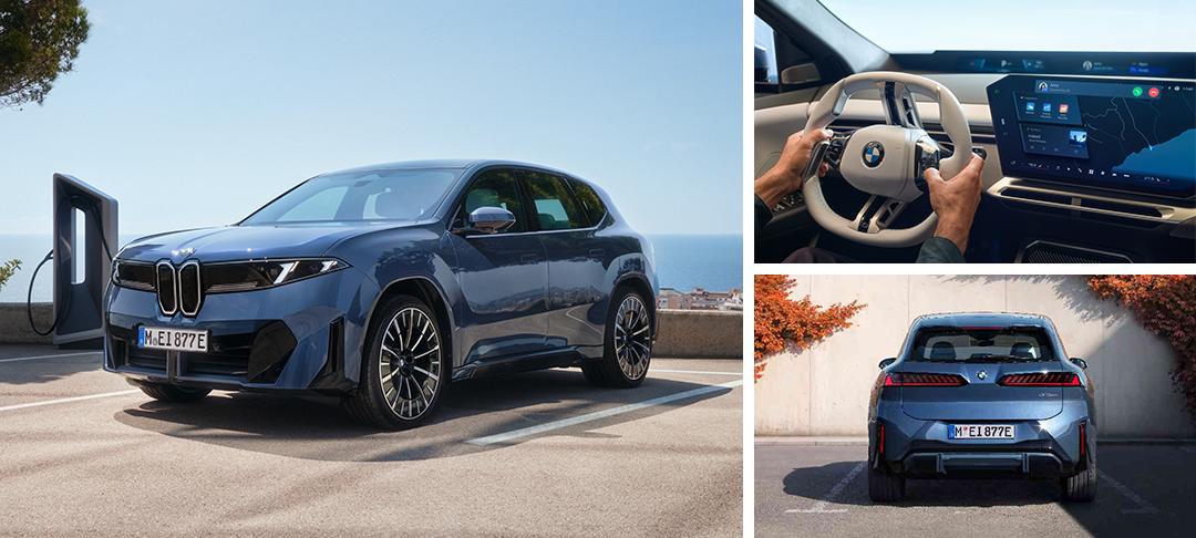 Das Bild zeigt in der Mitte einen dunkelblauen BMW iX3, ein großes, sportliches Elektro-SUV. Er steht im Freien vor einer Ladestation mit Blick aufs Meer. Die Vorderseite ist markant mit beleuchteten Elementen, die an die typische BMW-Niere erinnern. Auf der rechten Seite sind zwei kleinere Bilder: oben sieht man das futuristische, fahrerorientierte Cockpit mit einem großen, breiten Display, auf dem Informationen wie Navigation und Unterhaltung angezeigt werden. Das Lenkrad ist nicht rund, sondern eher eckig geformt. Unten sieht man die Rückansicht des Autos, die durch schmale, horizontale Rückleuchten und eine tiefe, aerodynamische Form gekennzeichnet ist.