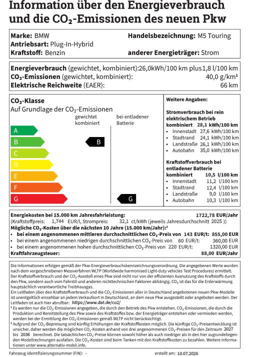 Auf dem Bild ist ein Datenblatt des BMW M5 Touring als Plug-In-Hybrid zu sehen. Es zeigt die wichtigsten Informationen zu Energieverbrauch, CO₂-Emissionen und Kosten.