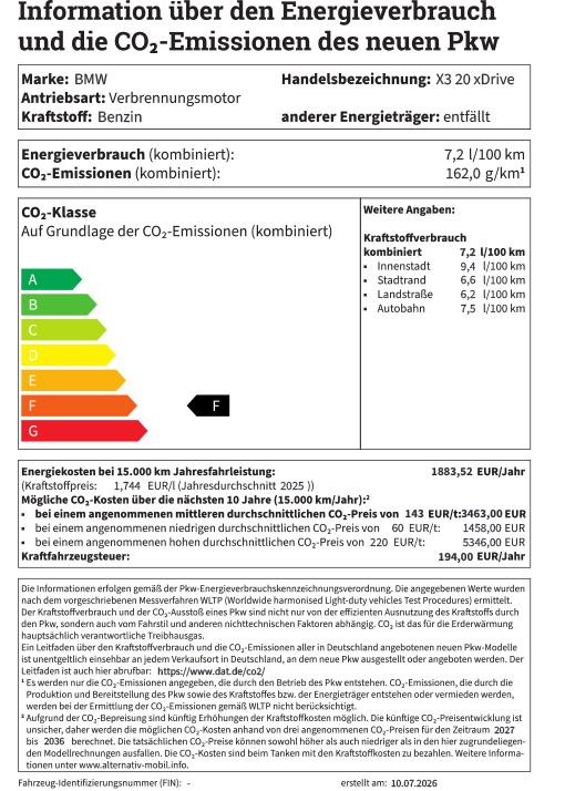 BMW X3 20 xDrive Energielabel mit den entsprechenden Kraftstoffwerten des Fahrzeuges