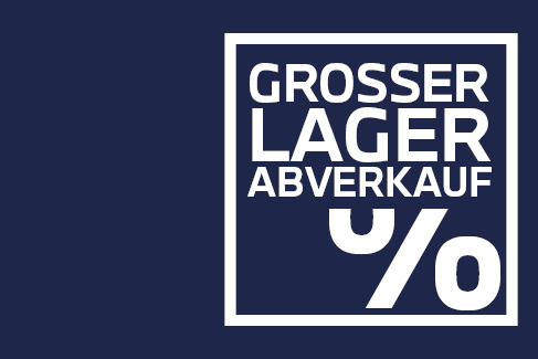  Innerhalb des weißen Rahmens steht in markanten weißen Großbuchstaben „GROSSER LAGERABVERKAUF“, wobei das Prozentzeichen ($\%$) hier deutlich massiver und prominent in der unteren rechten Ecke platziert ist.